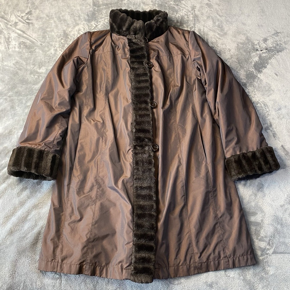 Gallery Coat Womens Large Faux Fur Lined & Trim Brown Jacket Buttoned Luxury